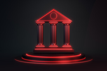 Glowing red bank icon with pillars and triangular roof on dark background representing finance symbol and futuristic banking concept. 3D Rendering