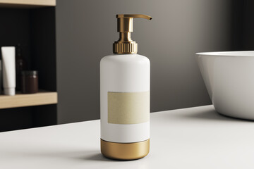 Cosmetic dispenser bottle mockup with blank label on bathroom counter, ideal for branding and product presentation in modern clean setting. 3D Rendering