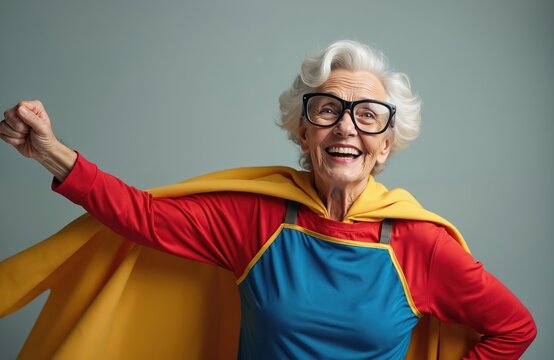 Smiling senior woman with white hair in vibrant superhero costume red shirt blue top yellow cape, glasses. Joyfully makes playful heroic pose pretending to fly showing immense energy strength, great