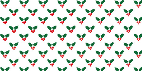 Seamless festive pattern with simple green holly leaves and bright red berries on a clean white background, ideal for Christmas wrapping paper, textiles, gift packaging, greeting cards and seasonal de