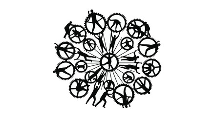 Diverse group of people working together in a circular gear formation, symbolizing teamwork and collaboration.