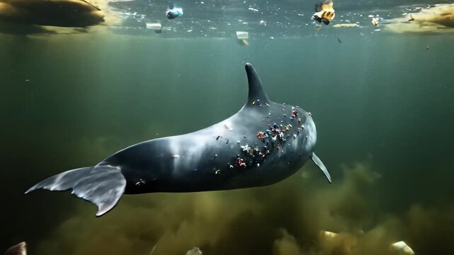 Underwater Scene of a Dead Fish with Plastic Debris and Pollution in the Ocean
