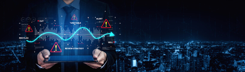 Economic caution visual showing risk alerts and financial volatility. Warning signs highlight...
