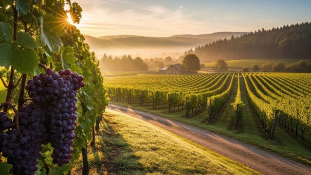 Sunrise casts golden light on vineyard rows, promising a bountiful grape harvest and the beauty of