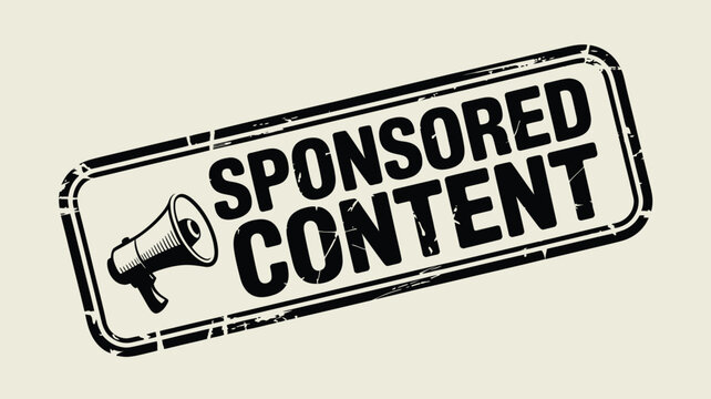 A graphic of a black and white stamp with the words sponsored content and a megaphone illustration