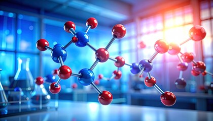3D molecular model with colored atoms and lab glassware in bright scientific setting