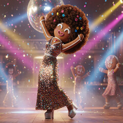 Joyful female gingerbread dancer with afro hairstyle dancing at disco party with confetti and neon lights background