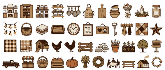 Farmhouse kitchen and lifestyle solid icon set. includes jars, utensils, apron, candle, basket, tools, and more. Vector collection