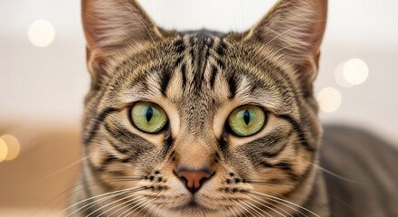 Closeup of a tabby cats face with striking green eyes