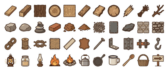 Crafting materials solid icon set. containing wood, stone, brick, rope, metal, plank, stick, hook, basket, fire, and more. Vector collection