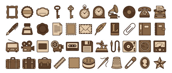 Vintage office solid icon set. containing typewriter, telephone, gramophone, stopwatch, key, inkwell, seal, letter, notebook, radio, suitcase. Vector collection
