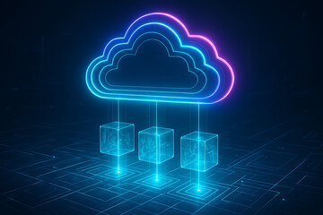 Futuristic cloud technology infrastructure abstract data transfer and communication between virtual storage cubes and network computing service digital visualization