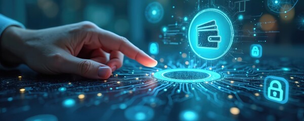Person uses finger on glowing interface to access digital wallet app. Secure online payment and banking services. Future finance, e commerce, and mobile transaction technology.