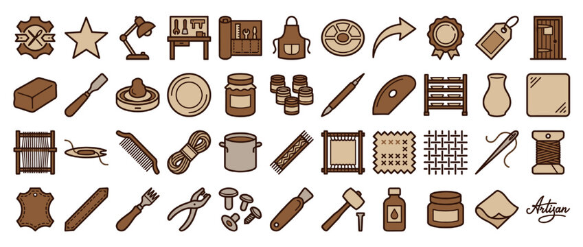 Crafting and artisan tools solid icon set. containing scissors, threads, needle, jar, pottery, paintbrush, loom, rack, and more. Vector collection