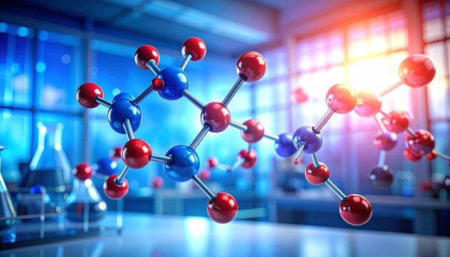 3D molecular model with colored atoms and lab glassware in bright scientific setting