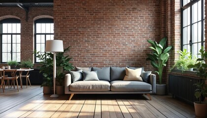 Loft interior with brick wall in industrial style. Room with wooden floor has sofa plants lamp and windows. Interior of modern living space in cozy home or apartment.