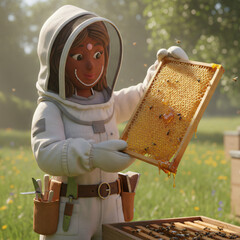 Cheerful female gingerbread beekeeper holding a honeycomb frame wearing a white protective suit in a sunny apiary