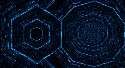 Futuristic digital tunnels with glowing neon lights and intricate geometric patterns