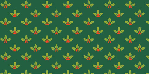 Seamless festive pattern featuring bright green holly leaves with vivid red berries on a deep green background, perfect for Christmas wrapping paper, textiles, gift packaging, greeting cards and seaso