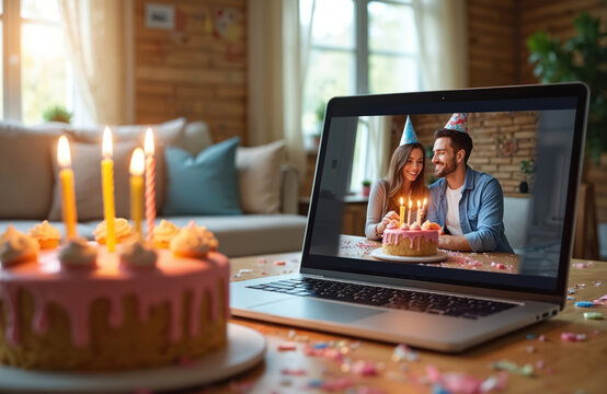 Birthday celebration concept online. Couple on laptop screen celebrate party remotely. Birthday cake with candles on table. Family video call at home using tech