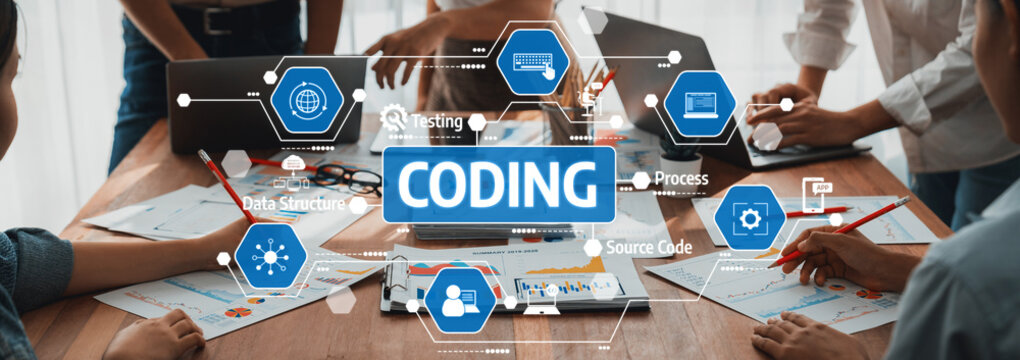 A dynamic coding session in a modern workspace showcasing teamwork, technology, and data analysis. Emphasizes collaboration and innovation among programmers and designers. Amity