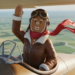 Cheerful female gingerbread pilot waving from a vintage airplane cockpit against a blue sky background