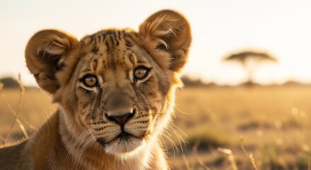 Obraz premium Closeup of a young lion cub in the savanna at sunset