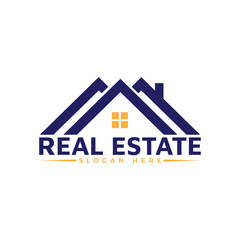 Modern blue and yellow real estate logo design featuring a stylized house roof icon with text and slogan placeholder, isolated on white background
