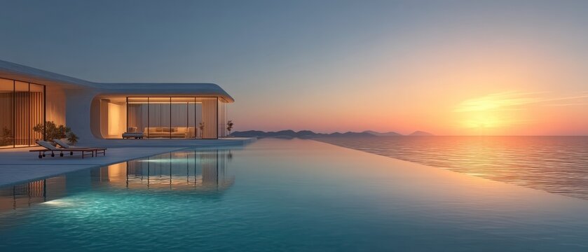 Modern luxury home with infinity pool at sunset
