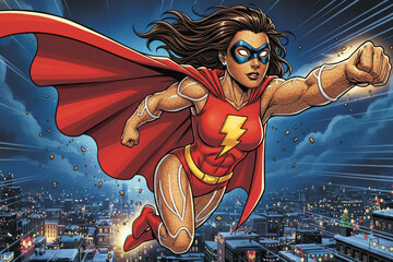 Brave female gingerbread superhero flying fast with a red cape against a night city skyline background
