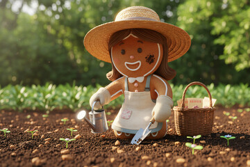 Cute female gingerbread gardener holding a watering can and trowel in a sunny soil patch