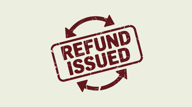 A maroon refund issued stamp with arrows in a rectangle on a light beige color background image view