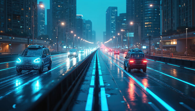 Futuristic city highway at night with autonomous cars. Glowing blue lines guide traffic on wet asphalt roads. Tall buildings loom in the background.