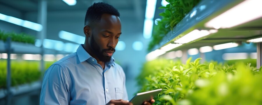 African American man works in modern vertical farm. Uses tablet to inspect young green crops growing under LED lights. Person manages plant health, monitors agriculture tech, studies food production.