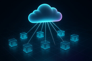 Cloud computing technology connecting multiple data storage servers virtual private network and distributed computing resources abstract digital background