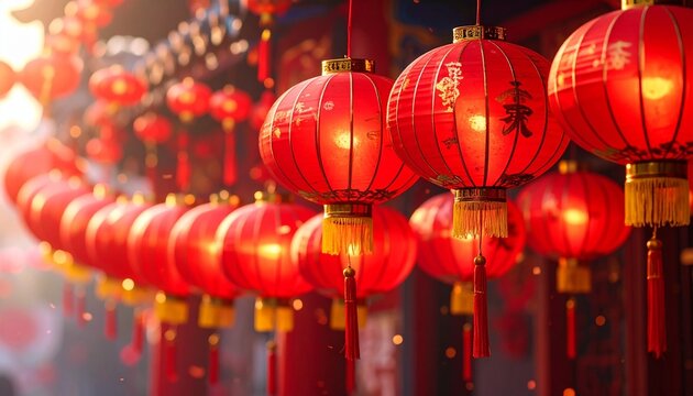 Row of traditional Chinese red lanterns with golden tassels under ornate roof at golden hour