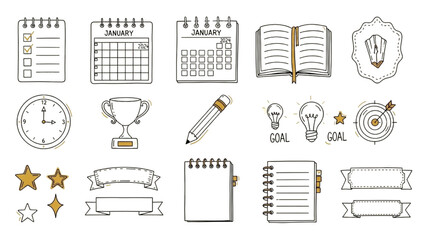 Organized Productivity Tools Including Notebooks, Calendars, and Goal Icons in Minimalist Graphic Design