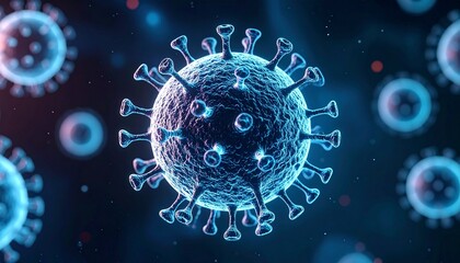 Digitally rendered SARS-CoV-2 virus particle with glowing blue and red spike proteins