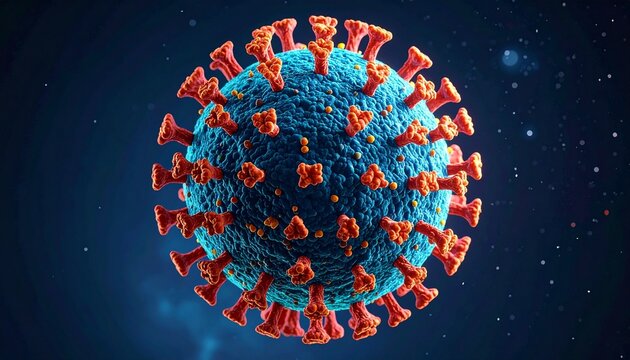 Digitally rendered SARS-CoV-2 virus particle with glowing blue and red spike proteins - Powered by Adobe