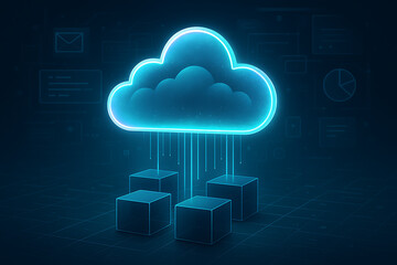 Digital cloud computing service distributing data and information to four virtual storage cubes representing secure file transfer and business analytics network