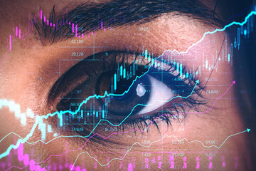 Close-up of human eye overlaid with financial charts and stock graph lines on digital background symbolizing market analysis and trading vision.