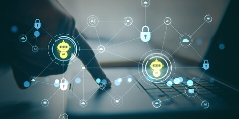 Person interacting with futuristic chatbot AI interface on digital network background, illustrating artificial intelligence connection concept.