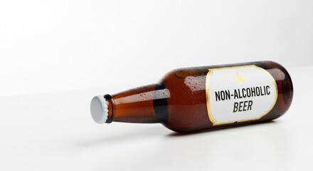 Non-alcoholic beer bottle on white surface in minimalist style  