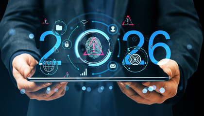2026 technology interface with digital fingerprint security and futuristic icons on tablet held by person in business suit, innovation concept.