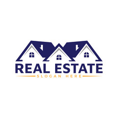 Modern real estate logo design featuring three stylized house silhouettes with dark blue roofs and white walls, isolated on white background