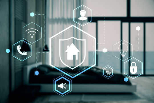 Smart home interface icons with security and automation symbols displayed over modern bedroom interior in soft abstract lighting background. - Powered by Adobe