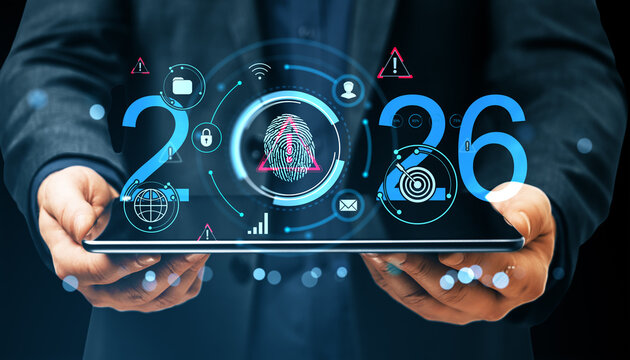 2026 technology interface with digital fingerprint security and futuristic icons on tablet held by person in business suit, innovation concept.