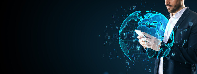 Businessman using smartphone with digital global map and binary code on dark background for online technology or global business concept banner.
