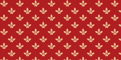 Seamless festive pattern with stylized golden holly leaves and berries on a rich red background, ideal for Christmas wrapping paper, gift packaging, textiles, greeting cards and elegant seasonal holid