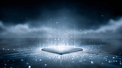 Futuristic AI Technology Chip Floating in Cloud Network with Cosmic Space Background